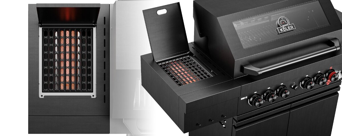 Obraz przedstawia czarny grill gazowy z logo \'KOLER\' na pokrywie. Grill posiada kilka pokręteł i otwartą boczną komorę z widocznymi elementami grzewczymi.
