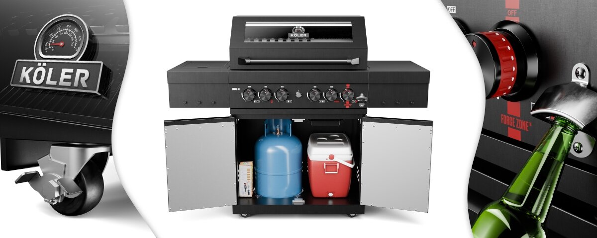 Obraz przedstawia czarny grill gazowy z logo \'KÖLER\' na pokrywie, z otwartymi drzwiczkami ukazującymi butlę gazową i czerwony pojemnik. Po bokach widoczne są zbliżenia na kółko z logo \'KÖLER\' oraz pokrętło z napisem \'FLAME ZONE\'.