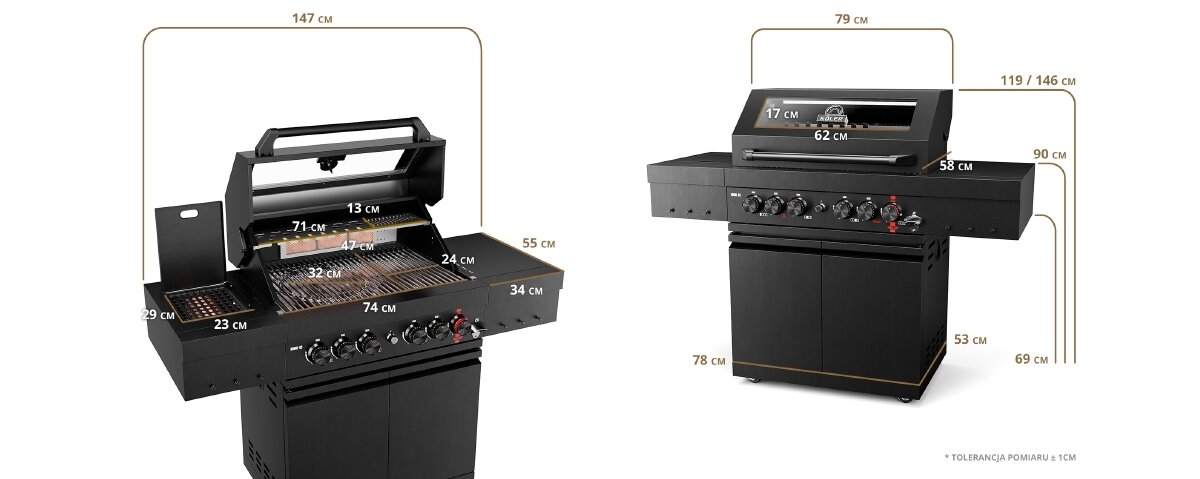 Obraz przedstawia grill gazowy z otwartą i zamkniętą pokrywą, z widocznymi wymiarami w centymetrach. Grill posiada kilka pokręteł i szafkę na dole.