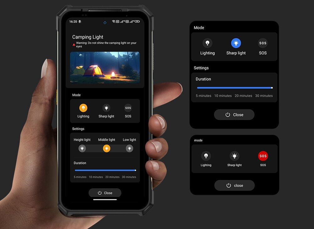 Smartfon ULEFONE Armor 24 Panel ustawień 3 tryby oświetlenia i 3 poziomy jasności ustawienia