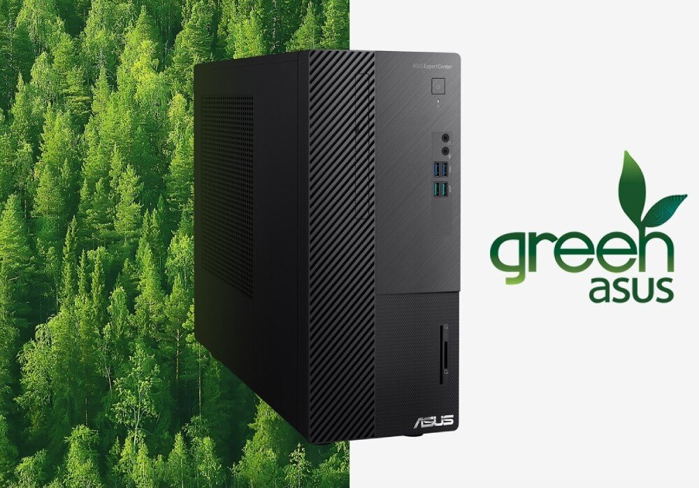 Komputer ASUS ExpertCenter D500ME-513500342X Komputer stacjonarny na tle gęstego lasu, po prawej stronie widoczne logo 'green asus' z liściem wkomponowanym w literę 'n', jakość, zasilacz, certyfikat, energooszczędność