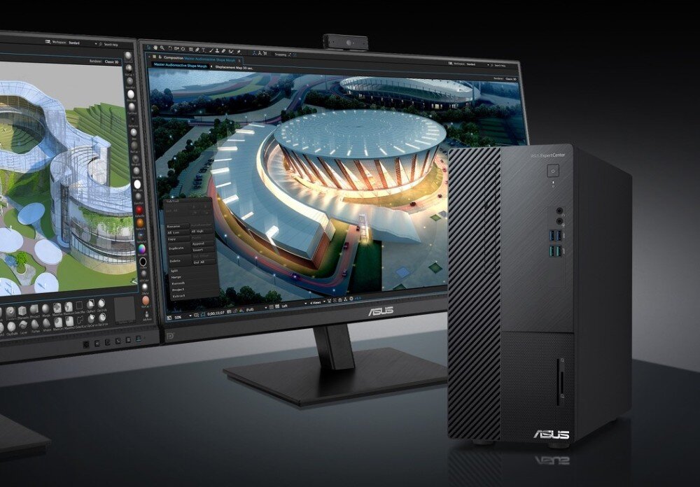 Komputer ASUS ExpertCenter D500ME-513500342X Dwa monitory podłączone do komputera stacjonarnego, na ekranach wyświetlane są modele 3D architektoniczne, podzespoły, procesor, pamięć, dysk