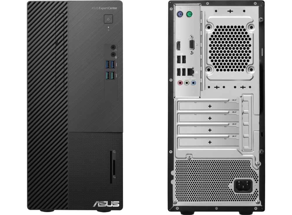 Komputer ASUS ExpertCenter D500ME-513500342X Widok przodu i tyłu obudowy komputera stacjonarnego, z widocznymi portami, gniazdami i otworami wentylacyjnymi, porty, złącza, czytnik kart, łączność