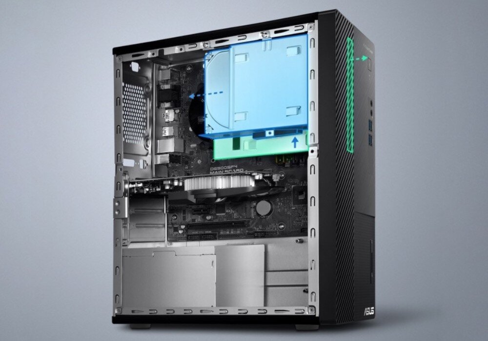 Komputer ASUS ExpertCenter D500ME-513500342X Wnętrze komputera z zaznaczonym miejscem na napęd optyczny i dysk twardy, widoczna płyta główna i karta graficzna, rozbudowa, montaż
