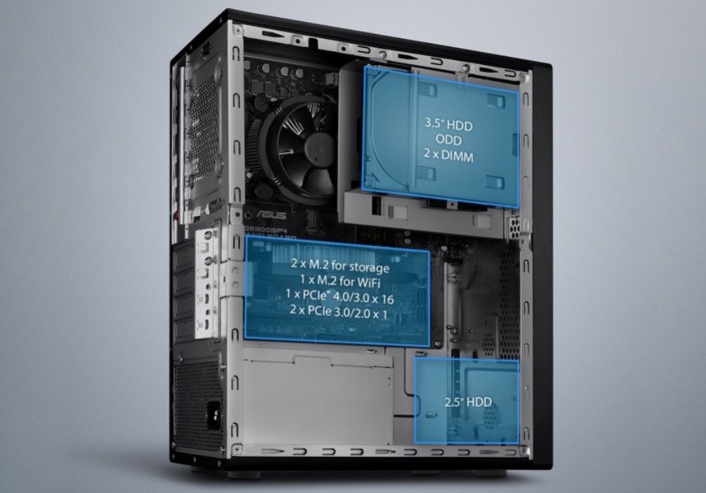 Komputer ASUS ExpertCenter D500ME-513500342X Wnętrze komputera z podpisanymi lokalizacjami dla nośników danych i gniazd rozszerzeń, instalacja kart rozszerzeń, szyfrowanie TPM, zabezpieczenia fizyczne