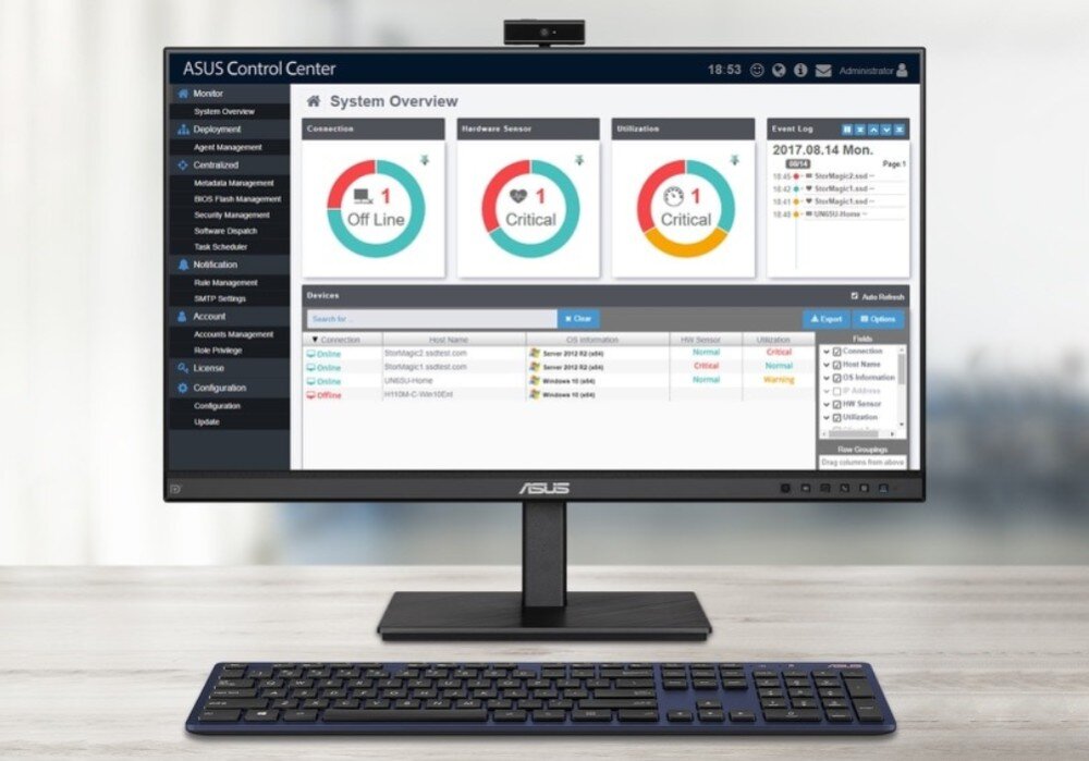 Komputer ASUS ExpertCenter D500ME-513500342X Monitor na biurku wyświetlający interfejs aplikacji do zarządzania systemami IT, z widocznymi wskaźnikami krytycznych błędów, aplikacje, funkcje, narzędzia, kontrola