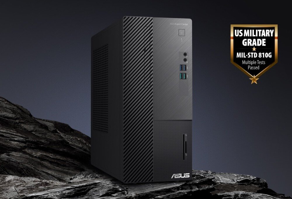 Komputer ASUS ExpertCenter D500ME-513500342X Komputer stacjonarny umieszczony na skalistym podłożu, obok widnieje odznaka informująca o spełnieniu normy MIL-STD 810G, testy, wytrzymałość, konstrukcja