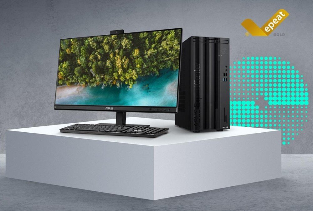 Komputer ASUS ExpertCenter D501MER-514500009X Zestaw komputerowy z monitorem i jednostką centralną na białym postumencie, z widocznym oznaczeniem certyfikatu epeat gold, certyfikat, ekologia