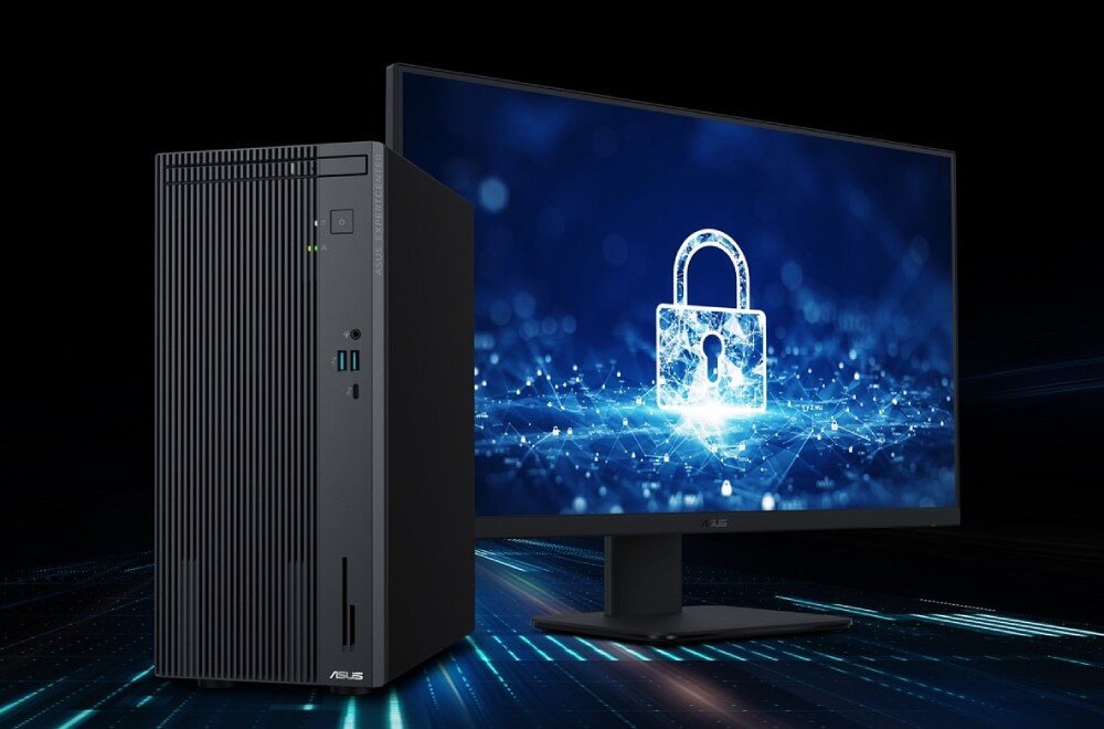 Komputer ASUS ExpertCenter P500MV-13420H057X Komputer stojący obok monitora, na którego ekranie widoczna jest grafika z niebieską kłódką symbolizującą bezpieczeństwo danych, ochrona danych, zabezpieczenia, moduł TPM