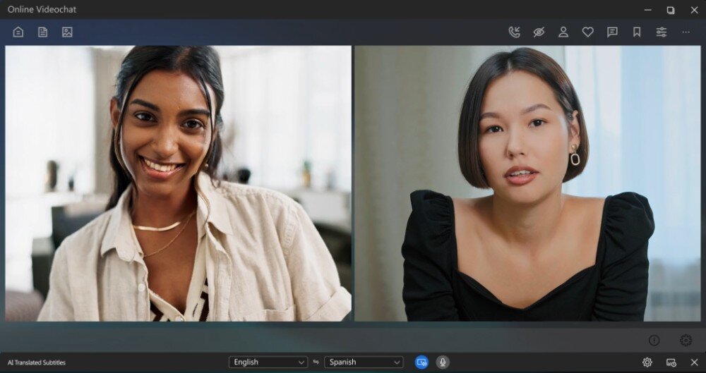 Komputer ASUS ExpertCenter P500MV-13420H057X Ekran z dwoma osobami podczas wideorozmowy, z włączonymi funkcjami tłumaczenia napisów w dolnej części okna, funkcje AI, sztuczna inteligencja