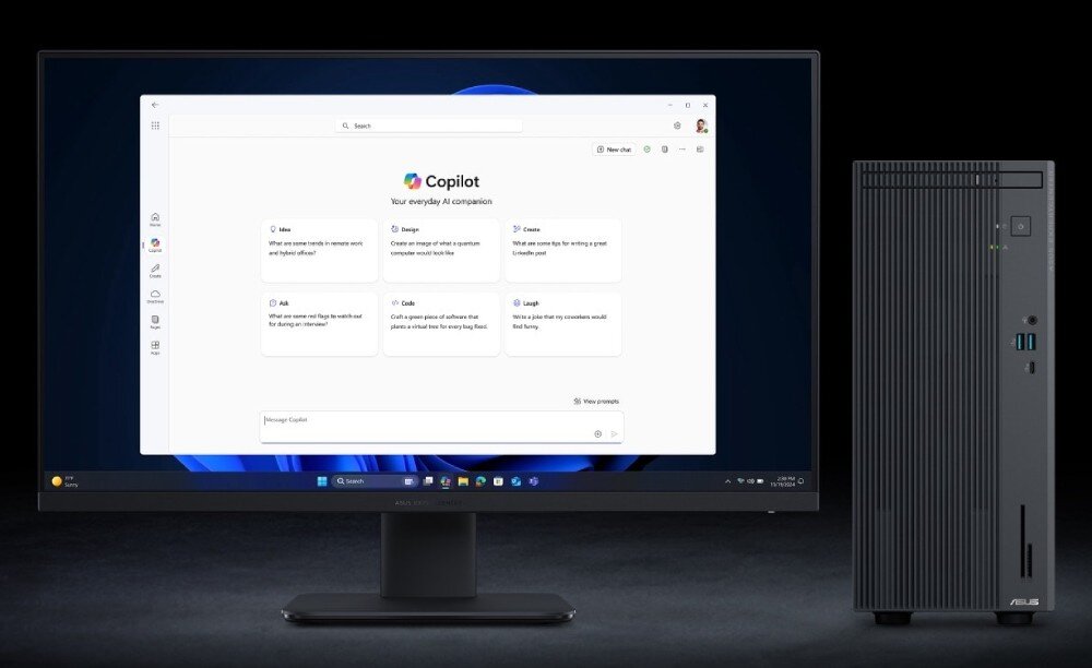 Komputer ASUS ExpertCenter P500MV-13420H057X Monitor z uruchomionym oprogramowaniem 'Copilot' stojący obok komputera stacjonarnego na czarnym tle, Copilot