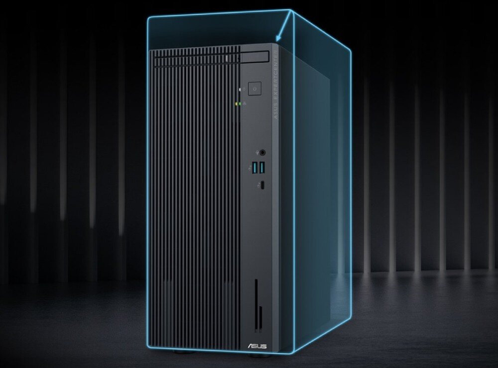 Komputer ASUS ExpertCenter P500MV-13420H057X Widok komputera z zaznaczonym konturem obudowy w niebieskiej poświacie, podkreślającym jego kompaktowe wymiary, wielkość, rozbudowa