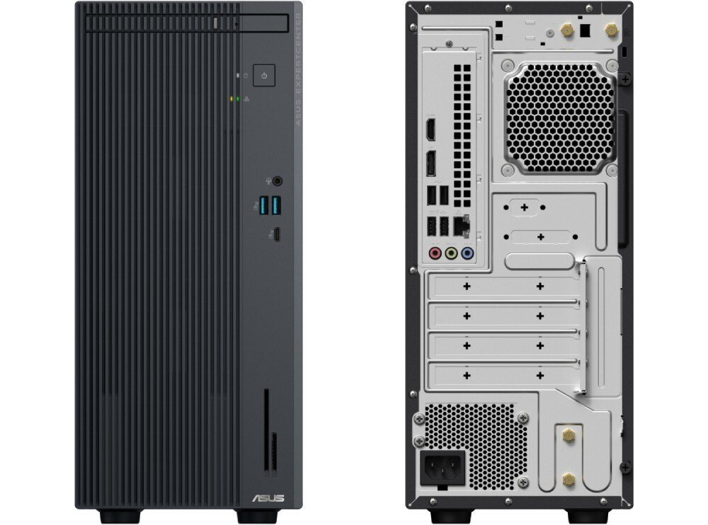 Komputer ASUS ExpertCenter P500MV-13420H057X Komputer pokazany z przodu i z tyłu, z widocznymi portami, złączami i wentylatorem w tylnej części, porty, złącza, łączność