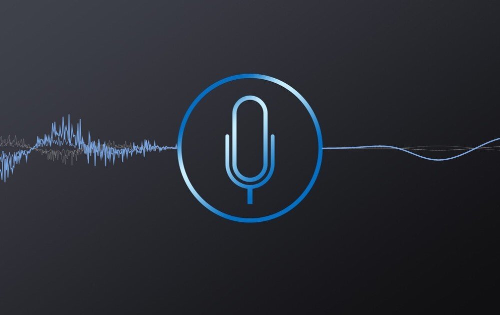 Komputer ASUS ExpertCenter D5 SFF D500SE Ikona mikrofonu w niebieskim okręgu z wizualizacją fal dźwiękowych po lewej stronie i gładką linią po prawej