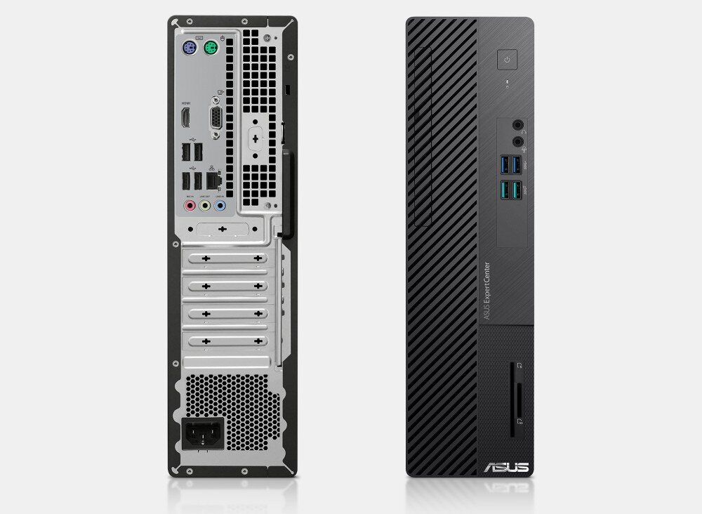 Komputer ASUS ExpertCenter D5 SFF D500SE Zestawienie dwóch ujęć komputera pokazujące układ portów na tylnym panelu oraz wygląd przedniego panelu
