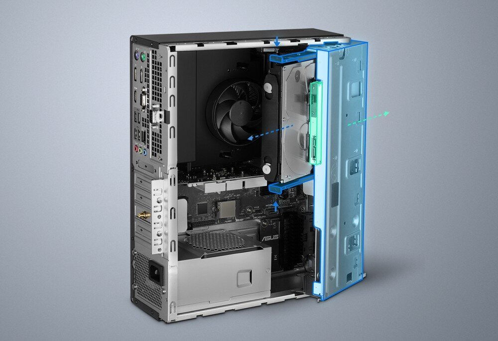 Komputer ASUS ExpertCenter D5 SFF D500SE Otwarta obudowa komputera z widocznymi podzespołami oraz niebieską grafiką pokazującą sposób wysuwania kieszeni na dysk