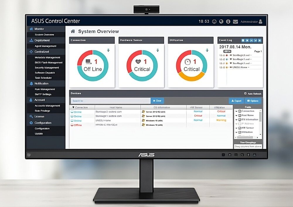 Komputer ASUS ExpertCenter D5 SFF D500SE Monitor wyświetlający panel sterowania z trzema kołowymi wykresami statusu systemu oraz listą podłączonych urządzeń