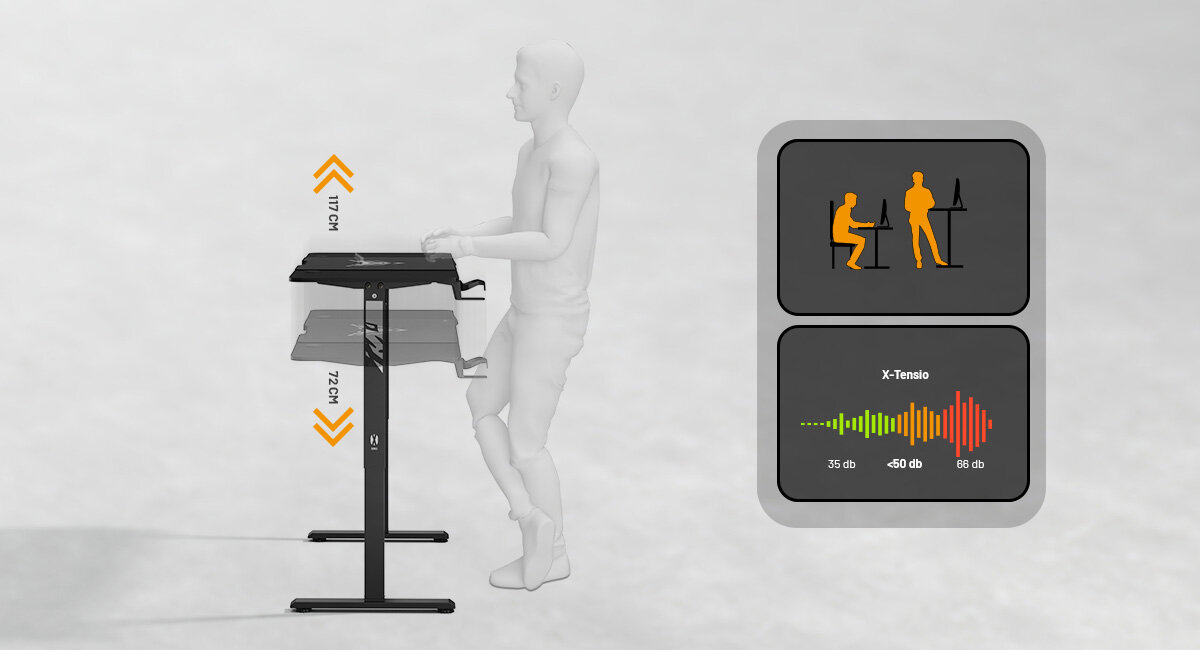 DIABLO CHAIRS X-TENSIO 1400 wbudowany mechanizm regulację wysokości na siedząco na stojąco Elektroniczny mechanizm - tryb pracy na siedząco i na stojąco