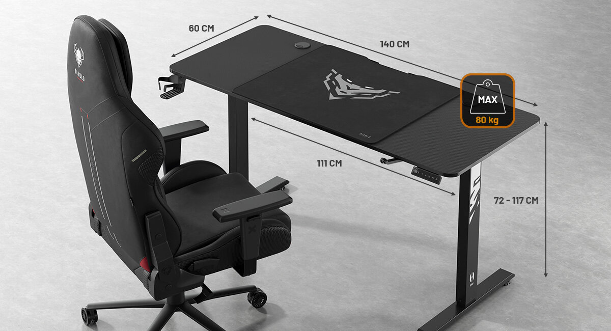 DIABLO CHAIRS X-TENSIO 1400 odporny na zarysowania i zadrapania blat 140 x 60 cm nośność sięga aż do 80 kg - biurko od góry obok fotel