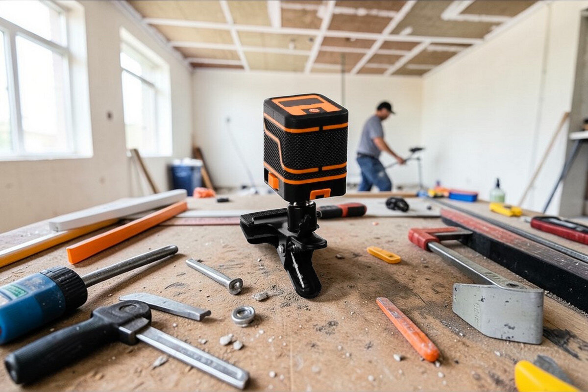 Poziomica Laserowa EXTRALINK 24293, laser, wyznaczanie, krzyż, remont, Poziomica laserowa na uchwycie klamrowym na stole warsztatowym w trakcie remontu wnętrza.