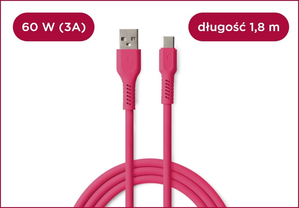 KABEL USB-A - USB-C COLORUM CK60-AC-02 1.8 M RÓŻOWY wizualizacja Kolorowa rewolucja kabel końcówki wejścia miękki szybki bezpieczny
