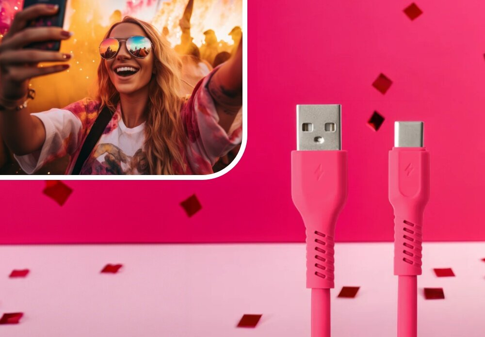 KABEL USB-A - USB-C COLORUM CK60-AC-02 1.8 M RÓŻOWY wizualizacja kobieta w okularach impreza końcówki kabel Duet mody i technologii robi wrażenie barwy kolory moc look wygląd styl