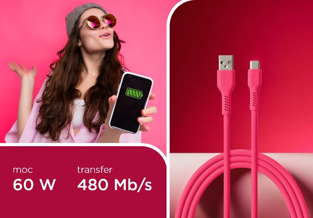 KABEL USB-A - USB-C COLORUM CK60-AC-02 1.8 M RÓŻOWY wizualizacja kobieta smartfon w dłoni kabel końcówki tekst Szybkie ładowanie transfer danych 480 Mb/s ładowanie z mocą nawet 60 W