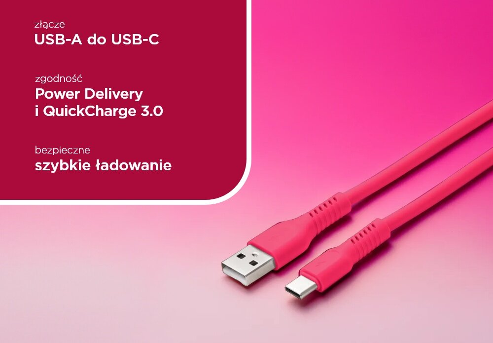KABEL USB-A - USB-C COLORUM CK60-AC-02 1.8 M RÓŻOWY wizualizacja pole tekstowe kabel końcówki Aksamitny i ekstra trwały bezpieczeństwo matowa aksamitna powłoka Zapobiega plątaniu Wzmocnione konektory długość 1,8 m