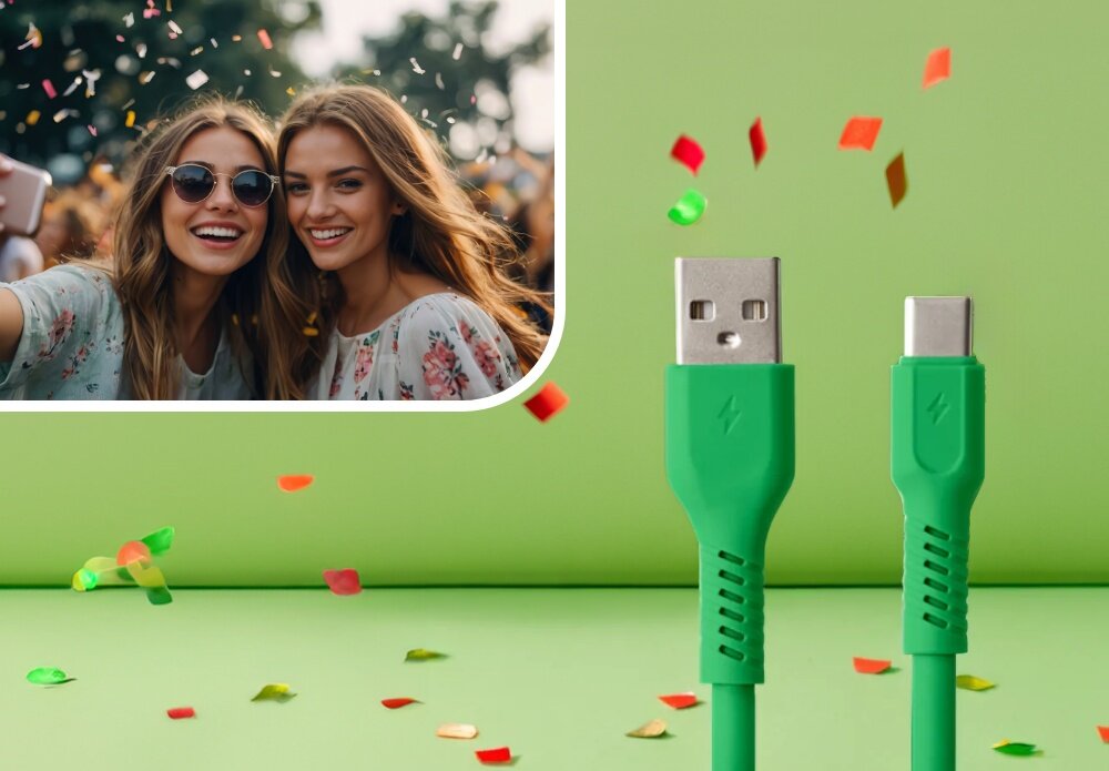 KABEL USB-A - USB-C COLORUM CK60-AC-04 1.8 M Zielony wizualizacja kobieta w okularach impreza końcówki kabel Duet mody i technologii robi wrażenie barwy kolory moc look wygląd styl