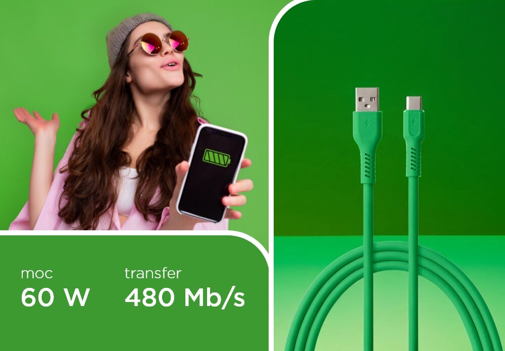 KABEL USB-A - USB-C COLORUM CK60-AC-04 1.8 M Zielony wizualizacja kobieta smartfon w dłoni kabel końcówki tekst Szybkie ładowanie transfer danych 480 Mb/s ładowanie z mocą nawet 60 W