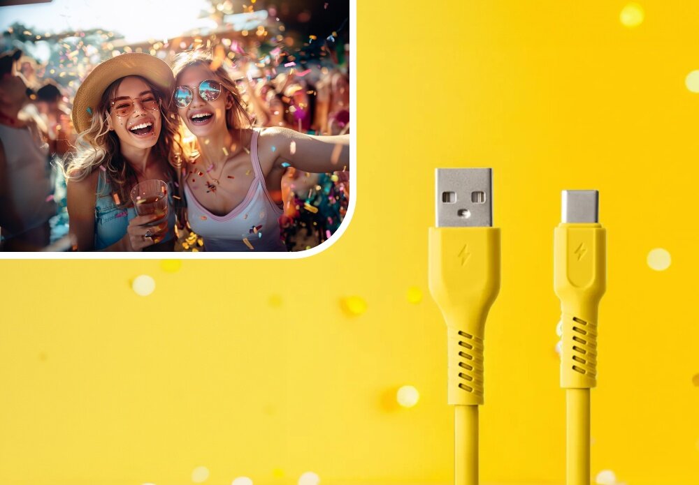 KABEL USB-A - USB-C COLORUM CK60-AC-05 1.8 M Żółty wizualizacja kobieta w okularach impreza końcówki kabel Duet mody i technologii robi wrażenie barwy kolory moc look wygląd styl