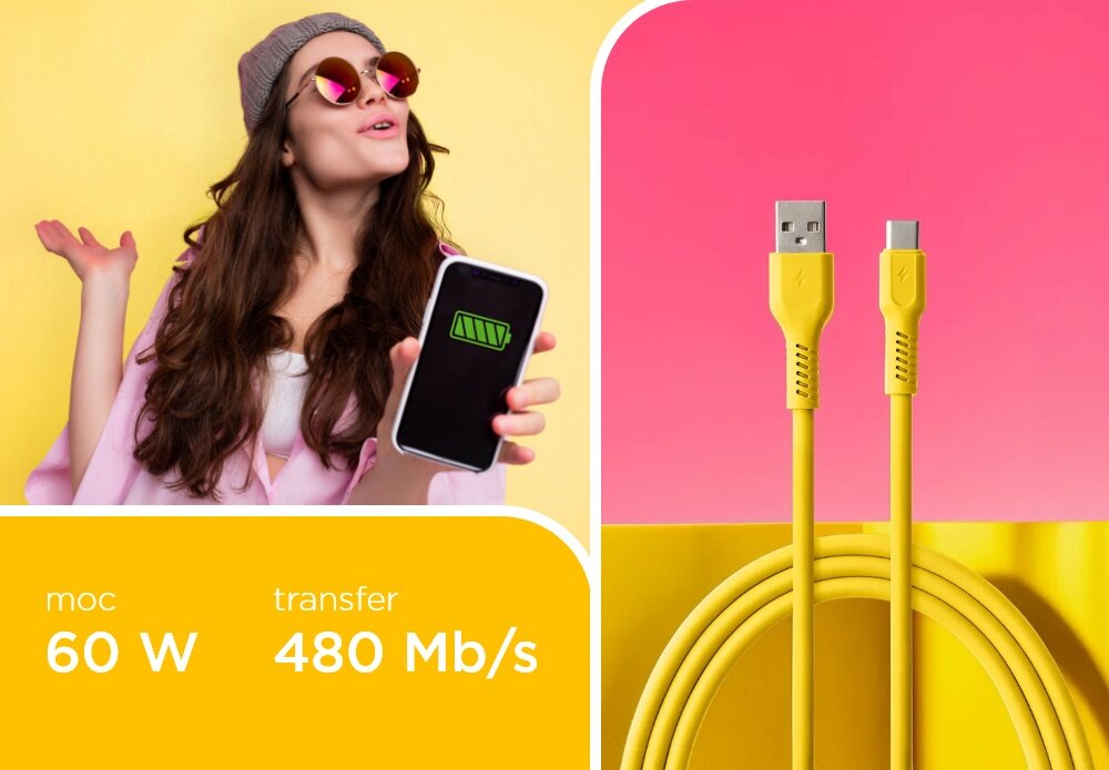 KABEL USB-A - USB-C COLORUM CK60-AC-05 1.8 M Żółty wizualizacja kobieta smartfon w dłoni kabel końcówki tekst Szybkie ładowanie transfer danych 480 Mb/s ładowanie z mocą nawet 60 W