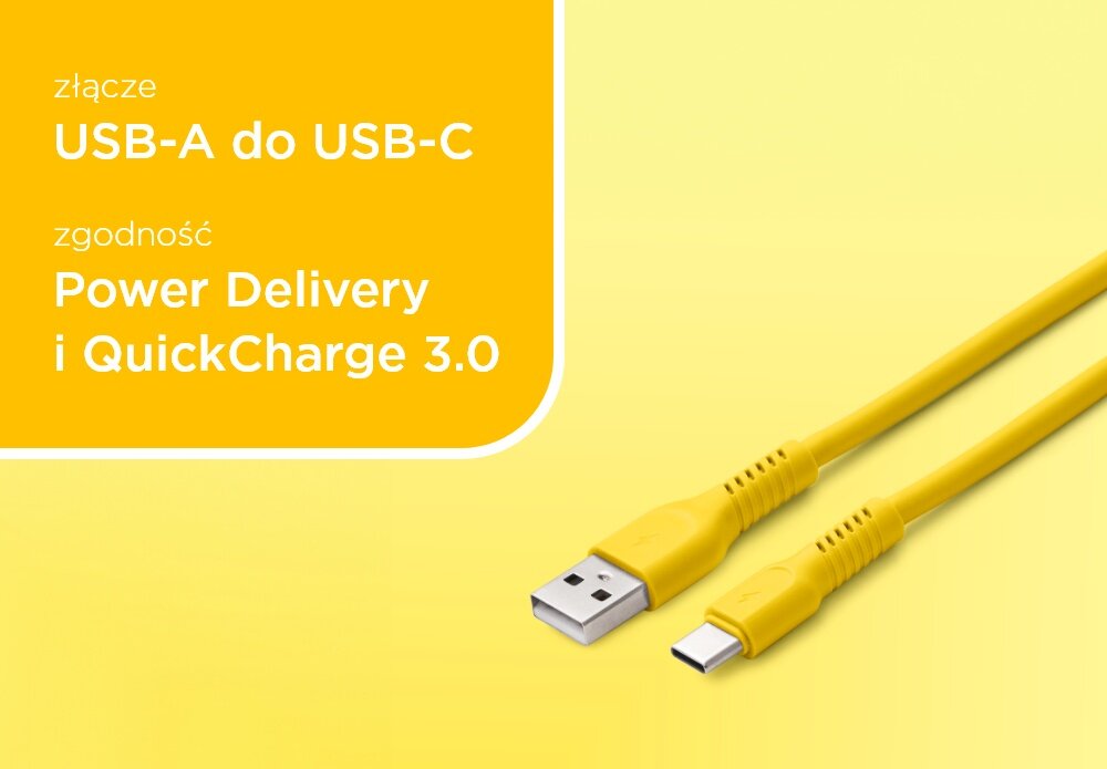 KABEL USB-A - USB-C COLORUM CK60-AC-05 1.8 M Żółty wizualizacja pole tekstowe kabel końcówki Aksamitny i ekstra trwały bezpieczeństwo matowa aksamitna powłoka Zapobiega plątaniu Wzmocnione konektory długość 1,8 m