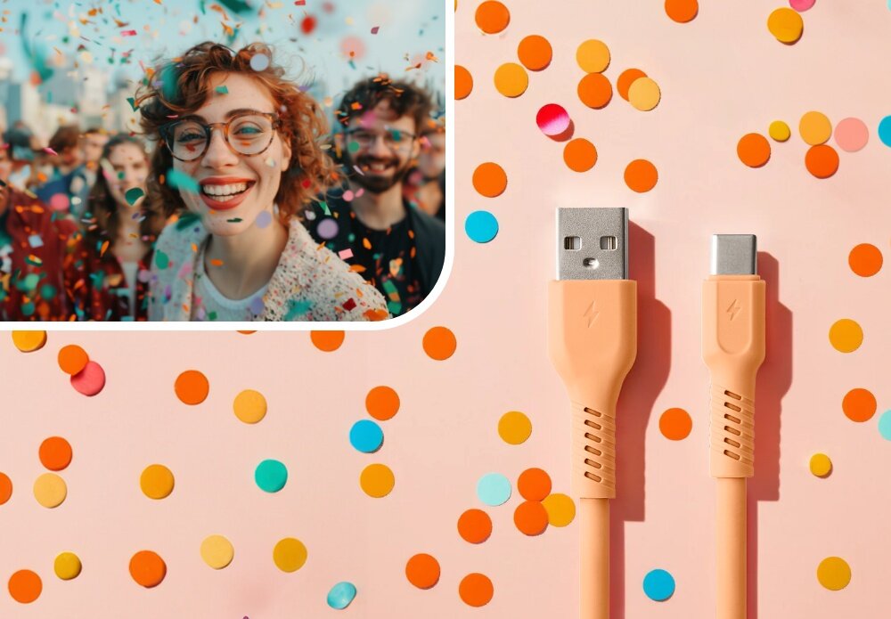 KABEL USB-A - USB-C COLORUM CK60-CC-14 1.8 M Peach Fuzz wizualizacja kobieta w okularach impreza końcówki kabel Duet mody i technologii robi wrażenie barwy kolory moc look wygląd styl