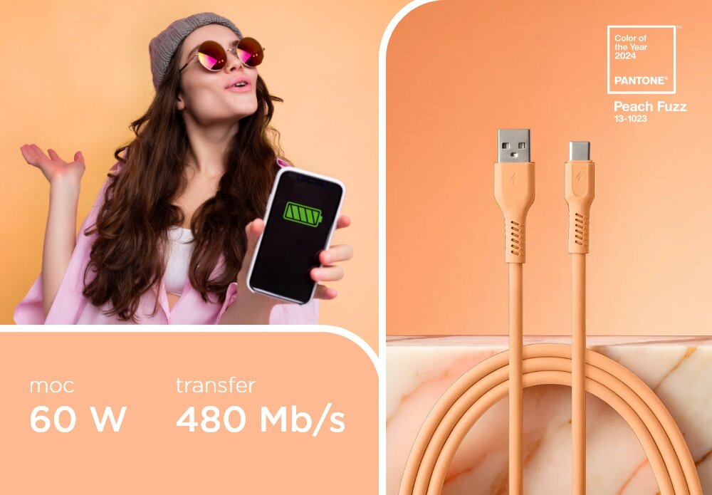 KABEL USB-A - USB-C COLORUM CK60-CC-14 1.8 M Peach Fuzz wizualizacja kobieta smartfon w dłoni kabel końcówki tekst Szybkie ładowanie transfer danych 480 Mb/s ładowanie z mocą nawet 60 W