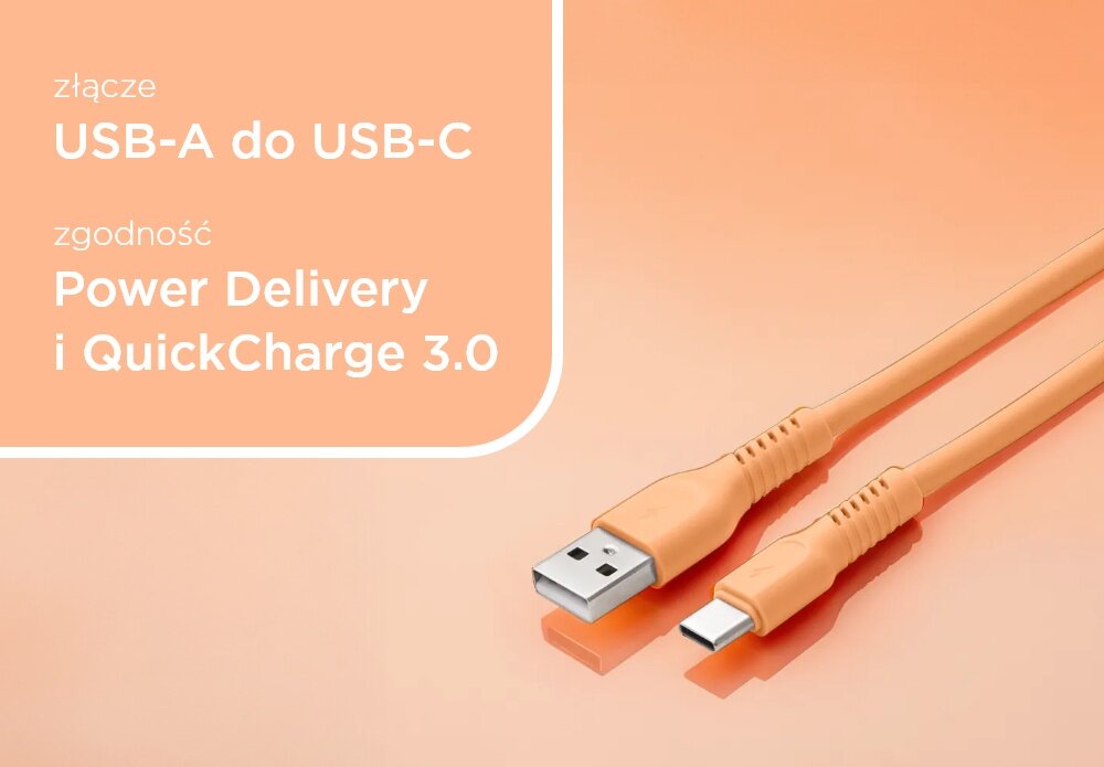 KABEL USB-A - USB-C COLORUM CK60-CC-14 1.8 M Peach Fuzz wizualizacja pole tekstowe kabel końcówki Aksamitny i ekstra trwały bezpieczeństwo matowa aksamitna powłoka Zapobiega plątaniu Wzmocnione konektory długość 1,8 m