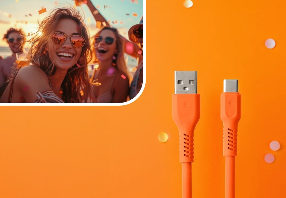 KABEL USB-A - USB-C COLORUM CK60-AC-10 1.8 M Pomarańczowy wizualizacja kobieta w okularach impreza końcówki kabel Duet mody i technologii robi wrażenie barwy kolory moc look wygląd styl