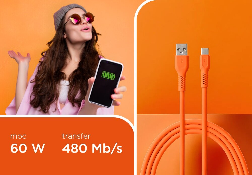 KABEL USB-A - USB-C COLORUM CK60-AC-10 1.8 M Pomarańczowy wizualizacja kobieta smartfon w dłoni kabel końcówki tekst Szybkie ładowanie transfer danych 480 Mb/s ładowanie z mocą nawet 60 W