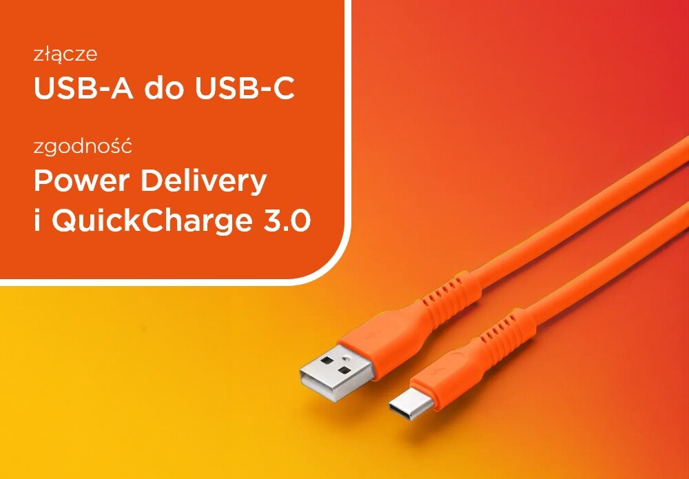 KABEL USB-A - USB-C COLORUM CK60-AC-10 1.8 M Pomarańczowy wizualizacja pole tekstowe kabel końcówki Aksamitny i ekstra trwały bezpieczeństwo matowa aksamitna powłoka Zapobiega plątaniu Wzmocnione konektory długość 1,8 m