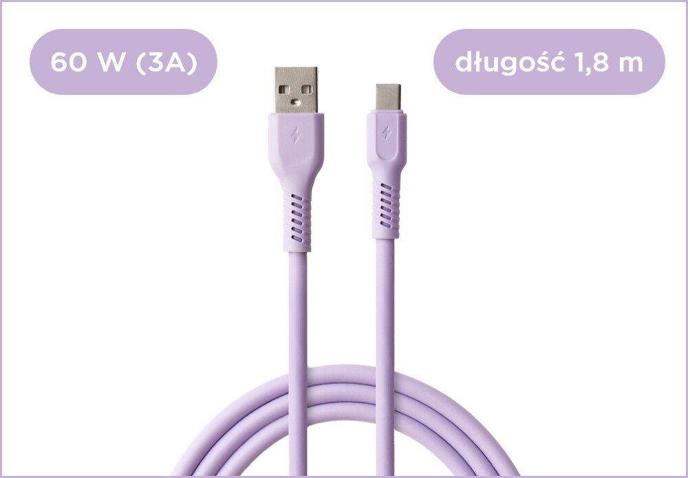KABEL USB-A - USB-C COLORUM CK60-AC-09 1.8 M Digital Lavender wizualizacja Kolorowa rewolucja kabel końcówki wejścia miękki szybki bezpieczny