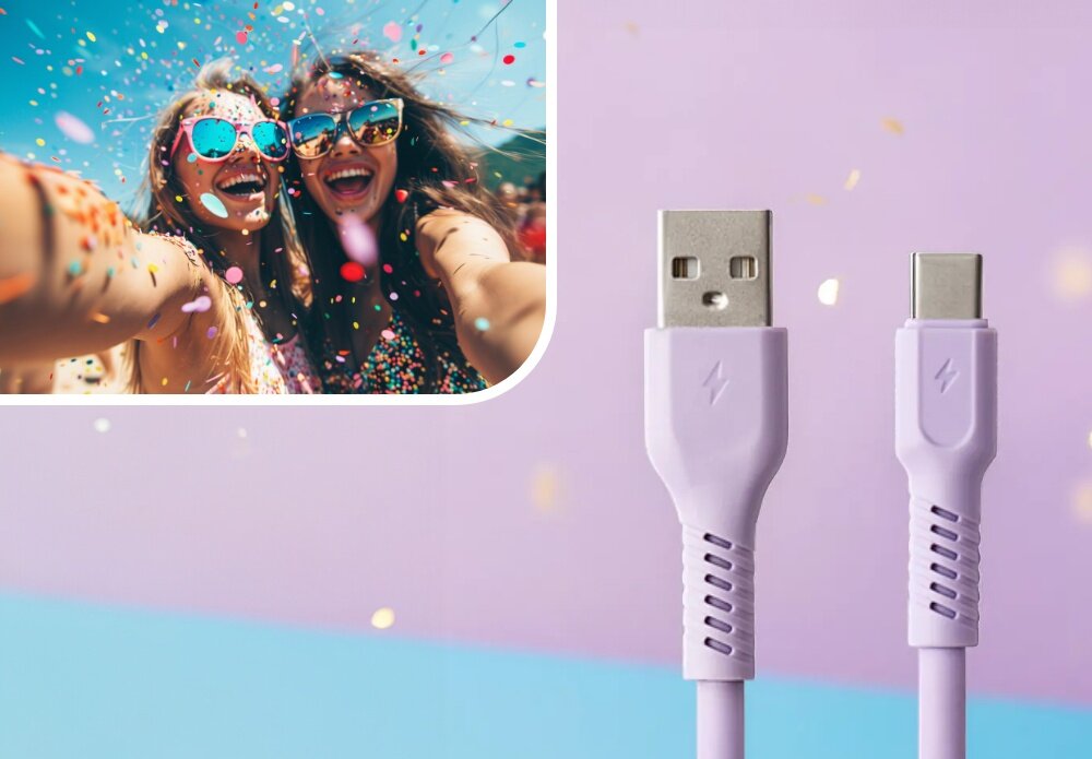 KABEL USB-A - USB-C COLORUM CK60-AC-09 1.8 M Digital Lavender wizualizacja kobieta w okularach impreza końcówki kabel Duet mody i technologii robi wrażenie barwy kolory moc look wygląd styl