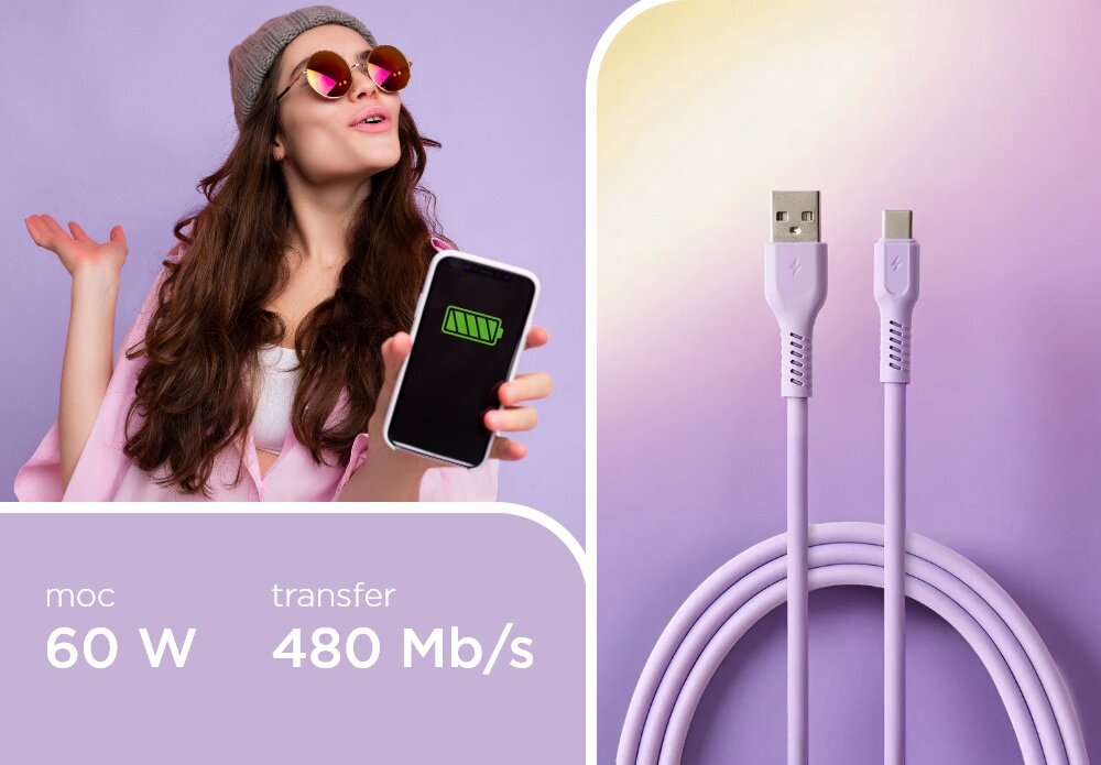 KABEL USB-A - USB-C COLORUM CK60-AC-09 1.8 M Digital Lavender wizualizacja kobieta smartfon w dłoni kabel końcówki tekst Szybkie ładowanie transfer danych 480 Mb/s ładowanie z mocą nawet 60 W