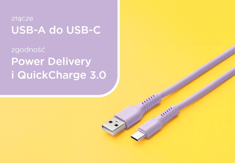 KABEL USB-A - USB-C COLORUM CK60-AC-09 1.8 M Digital Lavender wizualizacja pole tekstowe kabel końcówki Aksamitny i ekstra trwały bezpieczeństwo matowa aksamitna powłoka Zapobiega plątaniu Wzmocnione konektory długość 1,8 m