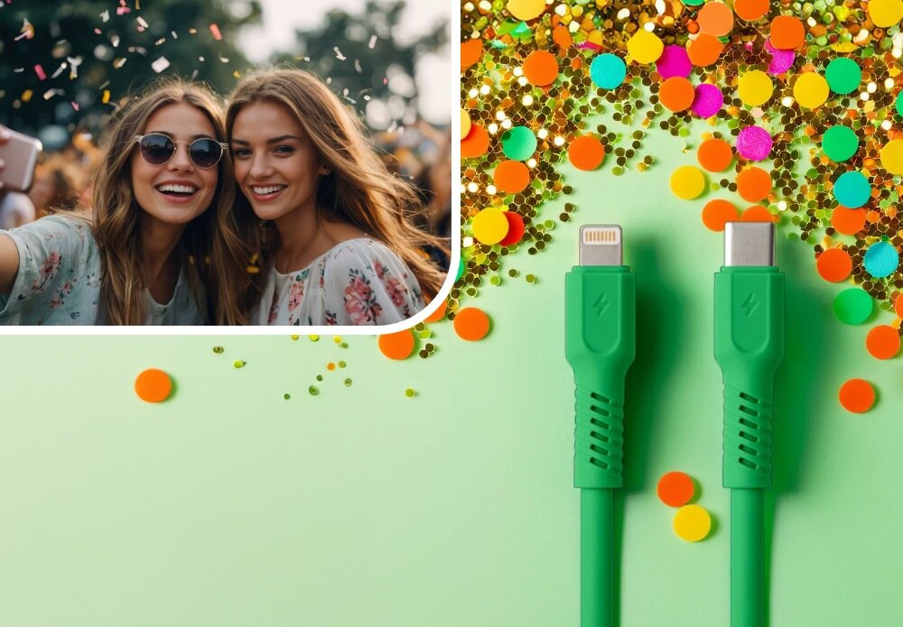 KABEL USB-A - USB-C COLORUM CK12-CL-04 1.8 M Zielony wizualizacja kobieta w okularach impreza końcówki kabel Duet mody i technologii robi wrażenie barwy kolory moc look wygląd styl
