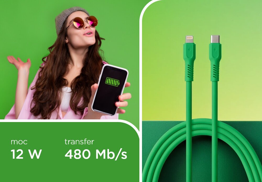 KABEL USB-A - USB-C COLORUM CK12-CL-04 1.8 M Zielony wizualizacja kobieta smartfon w dłoni kabel końcówki tekst Szybkie ładowanie transfer danych 480 Mb/s ładowanie z mocą nawet 12 W