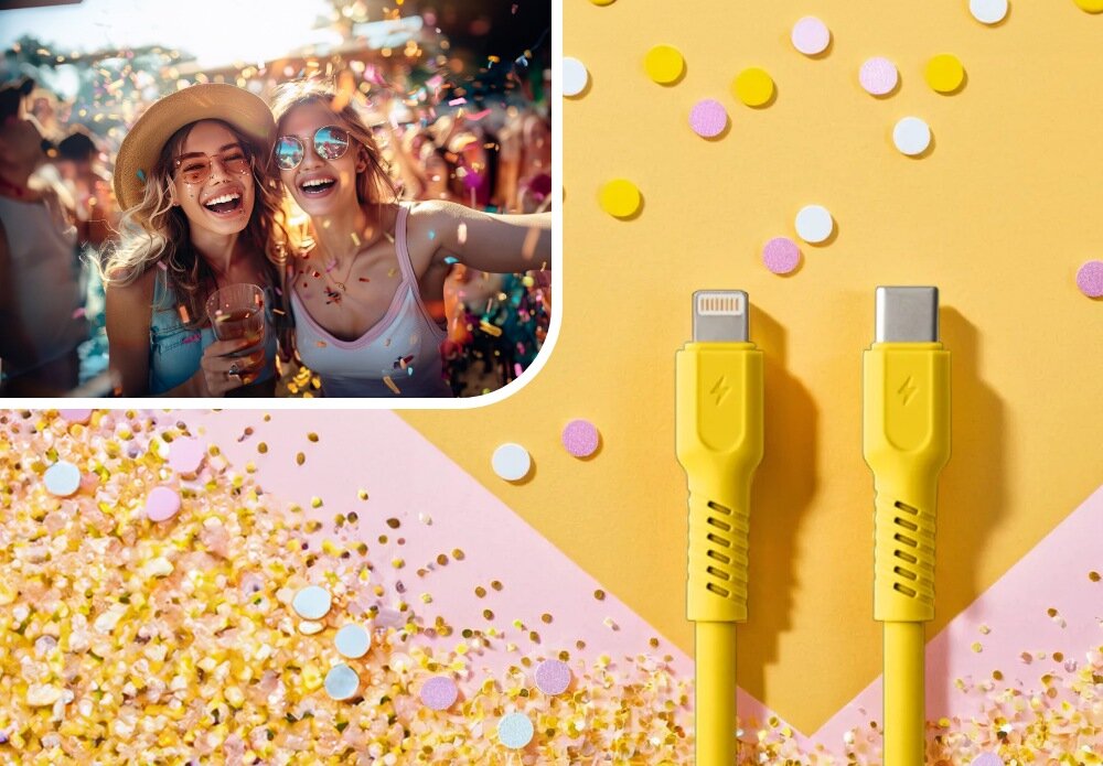 Kabel USB-C COLORUM CK12-CL-05 1.8 M Żółty wizualizacja kobieta w okularach impreza końcówki kabel Duet mody i technologii robi wrażenie barwy kolory moc look wygląd styl