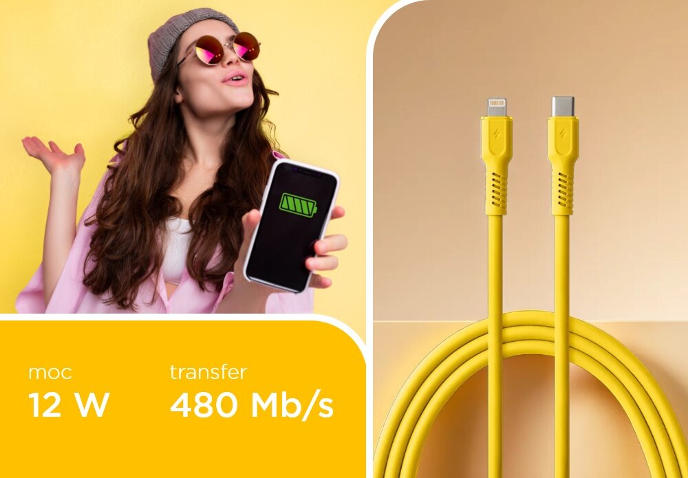 Kabel USB-C COLORUM CK12-CL-05 1.8 M Żółty wizualizacja kobieta smartfon w dłoni kabel końcówki tekst Szybkie ładowanie transfer danych 480 Mb/s ładowanie z mocą nawet 60 W