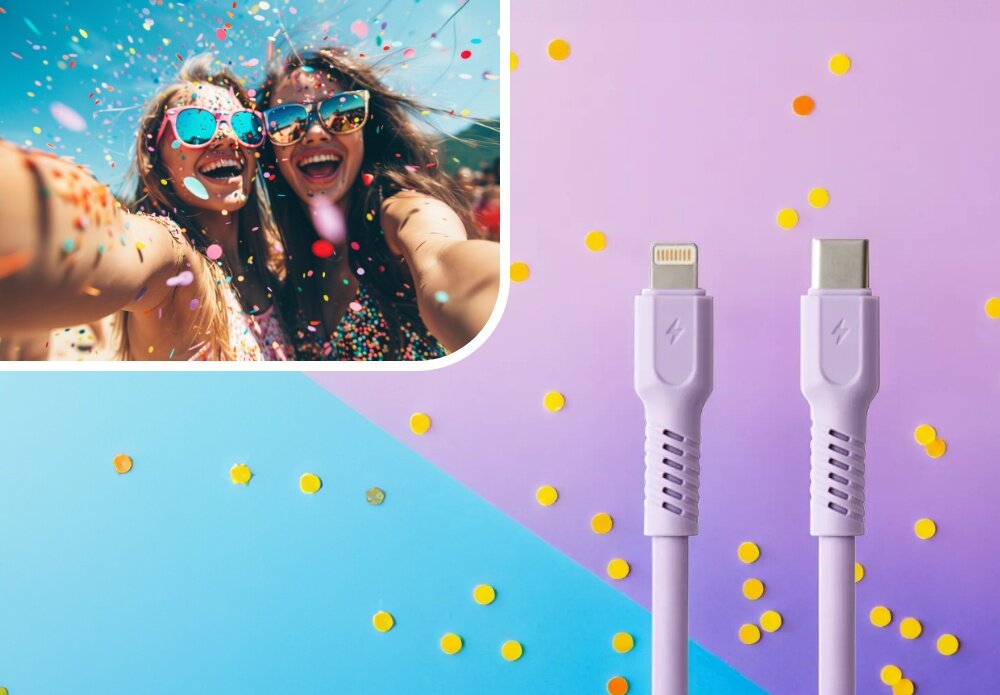 KABEL USB-C - Lightning COLORUM CK12-CL-09 1.8 M Digital Lawendowy wizualizacja kobieta w okularach impreza końcówki kabel Duet mody i technologii robi wrażenie barwy kolory moc look wygląd styl