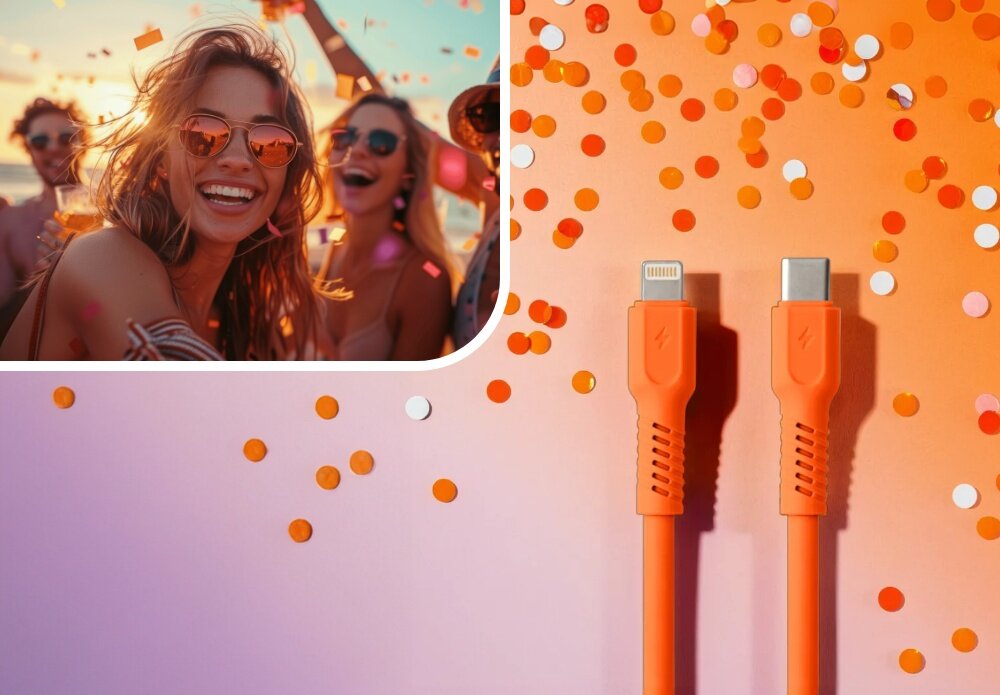 KABEL USB-C - Lightning COLORUM CK12-CL-10 1.8 M Pomarańczowy wizualizacja kobieta w okularach impreza końcówki kabel Duet mody i technologii robi wrażenie barwy kolory moc look wygląd styl