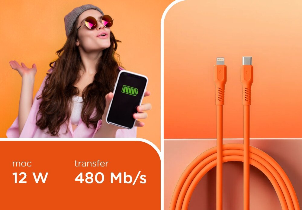 KABEL USB-C - Lightning COLORUM CK12-CL-10 1.8 M Pomarańczowy wizualizacja kobieta smartfon w dłoni kabel końcówki tekst Szybkie ładowanie transfer danych 480 Mb/s ładowanie z mocą nawet 60 W